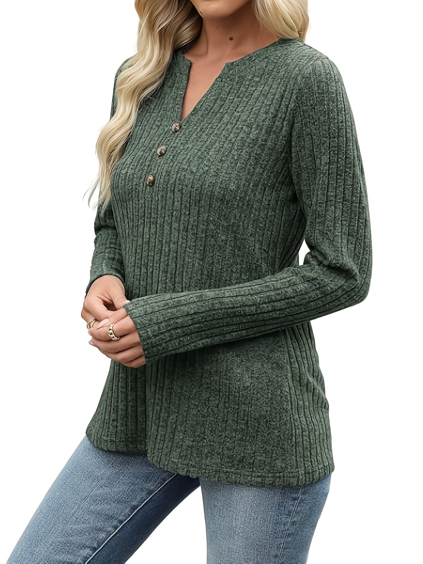 Virelle | Women's Ribbed Button Neck Long Sleeve Top - Image 5