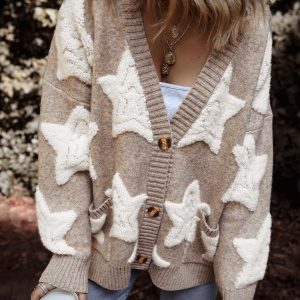 Seravia | Women's Star Pattern Button Up Cardigan with Pockets