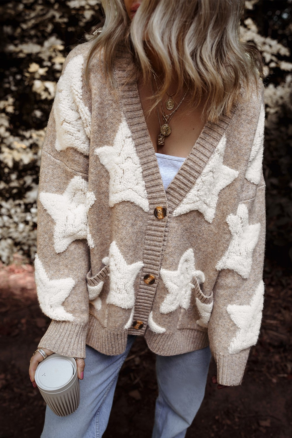 Seravia | Women's Star Pattern Button Up Cardigan with Pockets