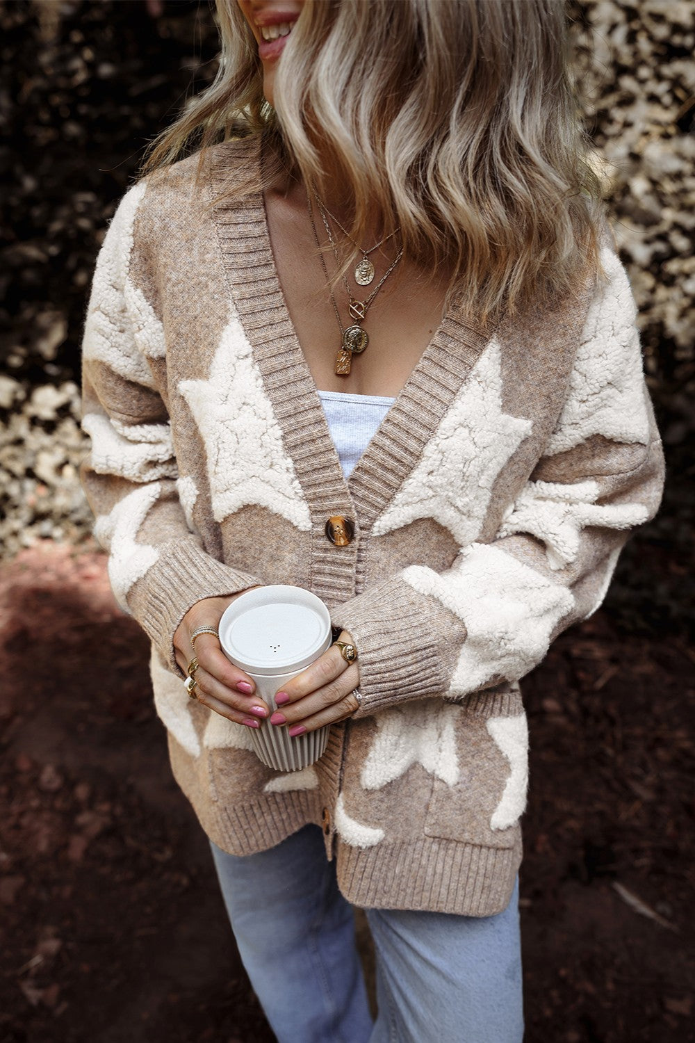 Seravia | Women's Star Pattern Button Up Cardigan with Pockets - Image 2
