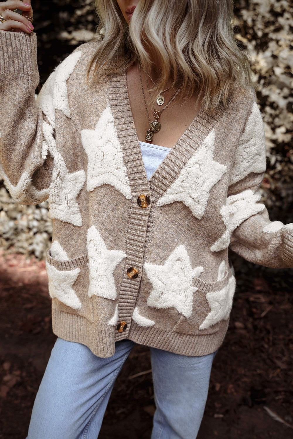 Seravia | Women's Star Pattern Button Up Cardigan with Pockets - Image 3