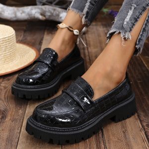 Elena | Women's Croc Embossed Platform Loafers with Vamp Strap