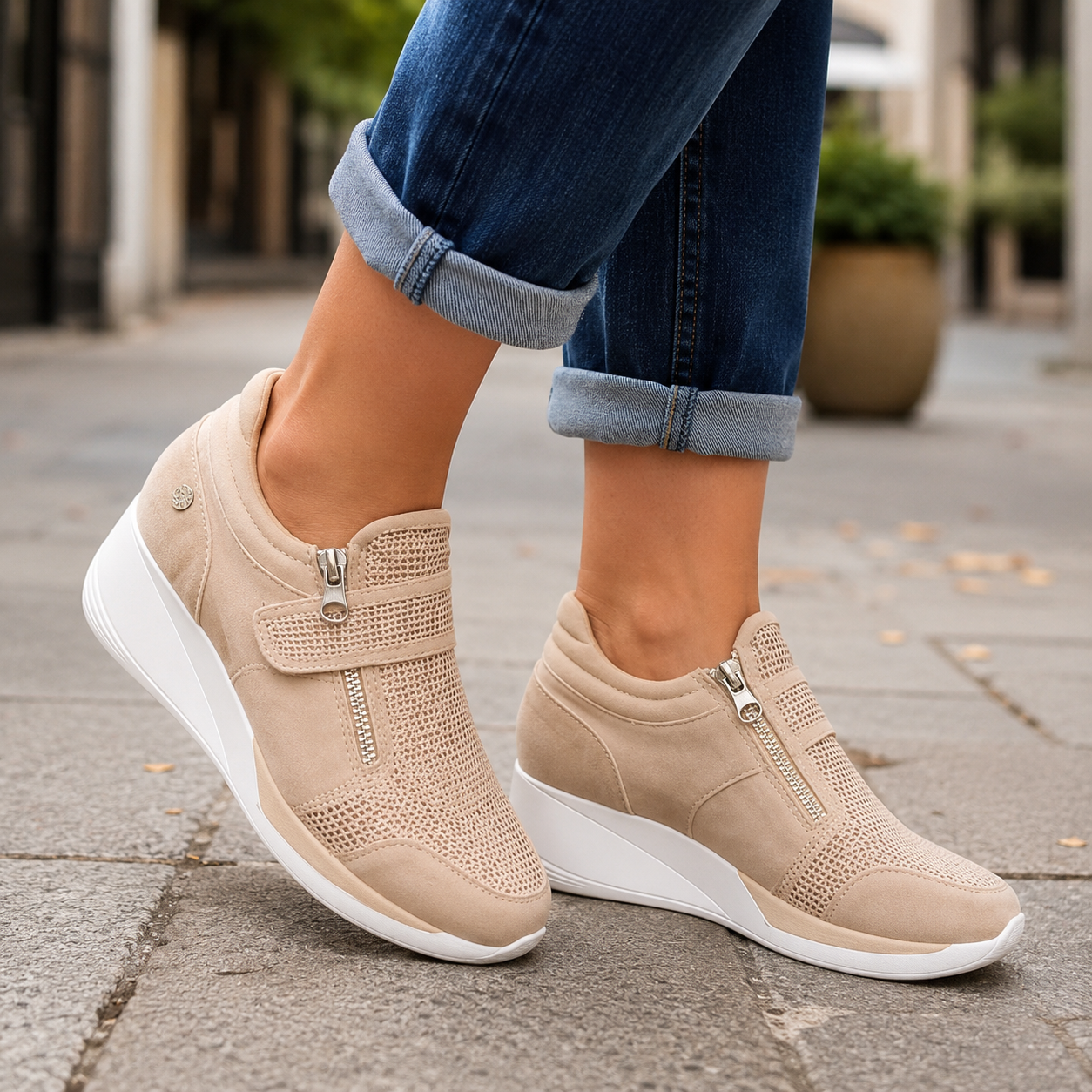 Clara | Women's Perforated Wedge Sneakers with Zip Strap