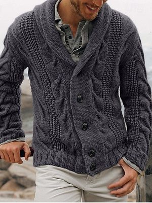 Men's Cable Knit Shawl Collar Button Front Cardigan